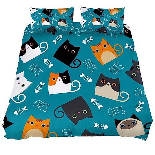 DragonBtu Cats Depicting 3 Piece with 2 Pillow Shams Soft Comforter Cover Bedding Duvet Cover Set for Women Men Teen Bedroom