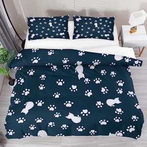 dragonbtu (1 duvet cover+2 pillowcases) bedding duvet cover set cats and paw print breathable comforter cover for teen boys