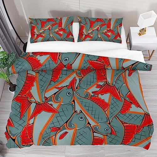DragonBtu Bedding Duvet Cover Set Red Fins and Tails Quilt Cover Soft Bedding Sets 3 Piece with 2 Pillow Shams for Women Men