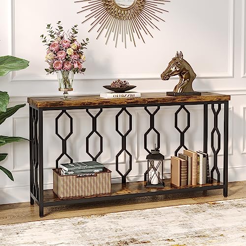 LITTLE TREE Console 55 Inches Vintage Wood Long Sofa 2 Tiers Storage Narrow Entryway Hallway Table, Brown