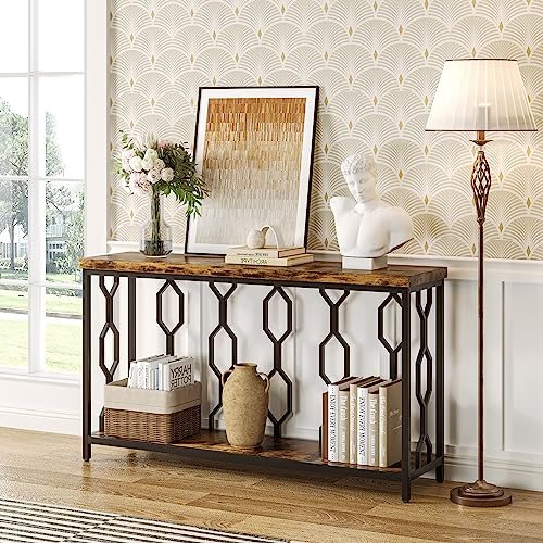 LITTLE TREE Console 55 Inches Vintage Wood Long Sofa 2 Tiers Storage Narrow Entryway Hallway Table, Brown