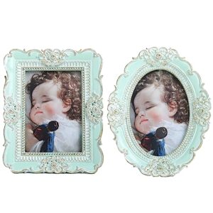 vinlife vintage green picture frames set 3x3 inch oval & oblong retro antique ornate photo frame in wallet size small home decor old-fashion collage gallery mini wall art tabletop or wall mount beaded