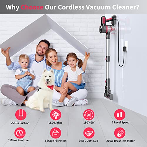 Foppapedretti Cordless Vacuum Cleaner, 25Kpa Strong Suction, 35 mins Runtime, 4-in-1 Vacuum Cleaner with Detachable 2200mAh Rechargeable Battery, Lightweight Stick Vacuum for Hardwood Floor Pet Hair