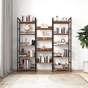 hanlives triple wide 5 tiers bookshelf,classically tall bookcase shelf,industrial book rack with metal frame,large etagere bookshelf open display shelves for living room home office(rustic brown)