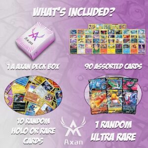 A Axan Ultra Rare Bundle Compatible with Pokemon Cards | Includes 100 Assorted Cards | 1 Random Ultra Rare | 90 Common Uncommon Plus 10x Holo or Rares