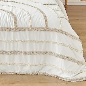 Sweet Jojo Designs Ivory Boho Chic Sun Boy Girl Unisex Queen Duvet Cover Bedding Set Full Size Bed Comforter Case Shams 3pc Off White Cotton Bohemian Farmhouse Shabby Southwestern Beige Tassel Fringe