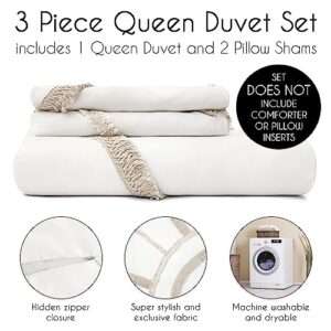 Sweet Jojo Designs Ivory Boho Chic Sun Boy Girl Unisex Queen Duvet Cover Bedding Set Full Size Bed Comforter Case Shams 3pc Off White Cotton Bohemian Farmhouse Shabby Southwestern Beige Tassel Fringe