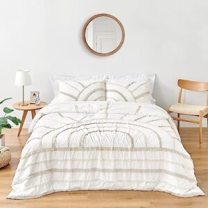 Sweet Jojo Designs Ivory Boho Chic Sun Boy Girl Unisex Queen Duvet Cover Bedding Set Full Size Bed Comforter Case Shams 3pc Off White Cotton Bohemian Farmhouse Shabby Southwestern Beige Tassel Fringe