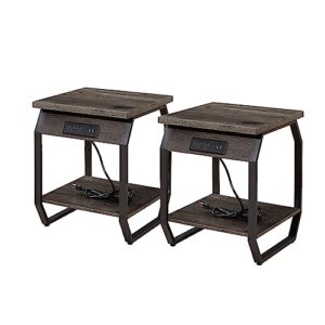 uosrua set of 2 end table with charging station, nightstand with wooden drawer, small side table, vintage bedside tables with usb ports and outlets for living room, bedroom, office (gray 2)