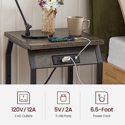 Uosrua Set of 2 End Table with Charging Station, Nightstand with Wooden Drawer, Small Side Table, Vintage Bedside Tables with USB Ports and Outlets for Living Room, Bedroom, Office (Gray 2)