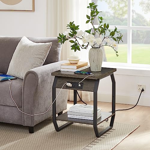 Uosrua Set of 2 End Table with Charging Station, Nightstand with Wooden Drawer, Small Side Table, Vintage Bedside Tables with USB Ports and Outlets for Living Room, Bedroom, Office (Gray 2)