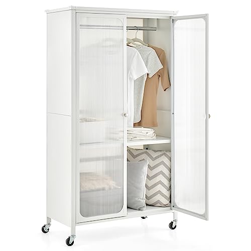 Giantex Closet Wardrobe, Portable Closet with Rollers, Mobile Metal Armoire Closet with Hanging Rod, Adjustable Shelf, Rolling Closet Storage Accent Cabinet, Armoire Clothes Organizer for Bedroom