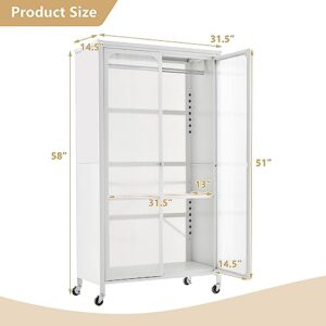 Giantex Closet Wardrobe, Portable Closet with Rollers, Mobile Metal Armoire Closet with Hanging Rod, Adjustable Shelf, Rolling Closet Storage Accent Cabinet, Armoire Clothes Organizer for Bedroom