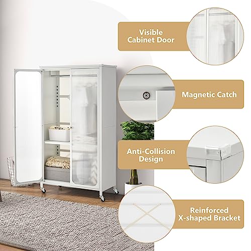 Giantex Closet Wardrobe, Portable Closet with Rollers, Mobile Metal Armoire Closet with Hanging Rod, Adjustable Shelf, Rolling Closet Storage Accent Cabinet, Armoire Clothes Organizer for Bedroom