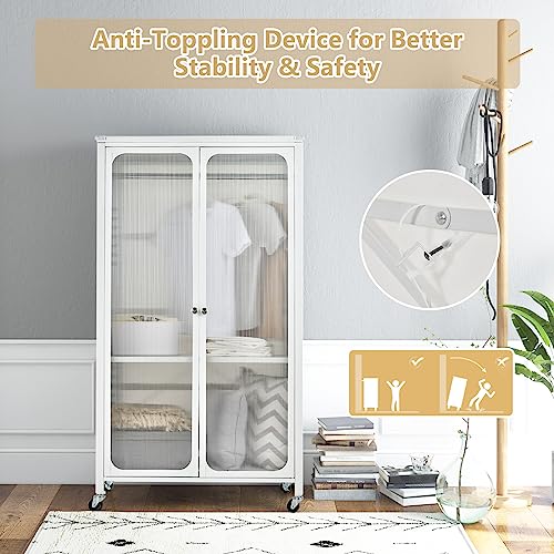 Giantex Closet Wardrobe, Portable Closet with Rollers, Mobile Metal Armoire Closet with Hanging Rod, Adjustable Shelf, Rolling Closet Storage Accent Cabinet, Armoire Clothes Organizer for Bedroom