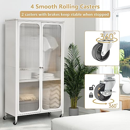 Giantex Closet Wardrobe, Portable Closet with Rollers, Mobile Metal Armoire Closet with Hanging Rod, Adjustable Shelf, Rolling Closet Storage Accent Cabinet, Armoire Clothes Organizer for Bedroom