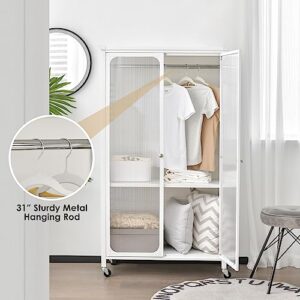 Giantex Closet Wardrobe, Portable Closet with Rollers, Mobile Metal Armoire Closet with Hanging Rod, Adjustable Shelf, Rolling Closet Storage Accent Cabinet, Armoire Clothes Organizer for Bedroom