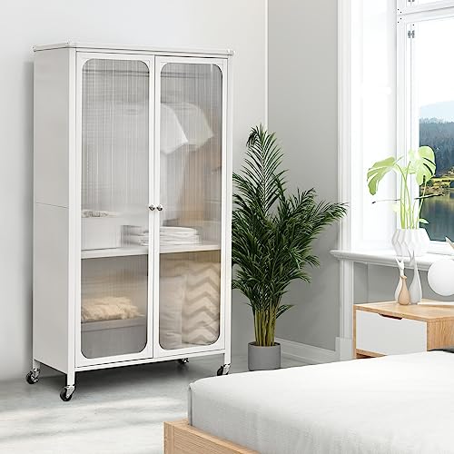 Giantex Closet Wardrobe, Portable Closet with Rollers, Mobile Metal Armoire Closet with Hanging Rod, Adjustable Shelf, Rolling Closet Storage Accent Cabinet, Armoire Clothes Organizer for Bedroom