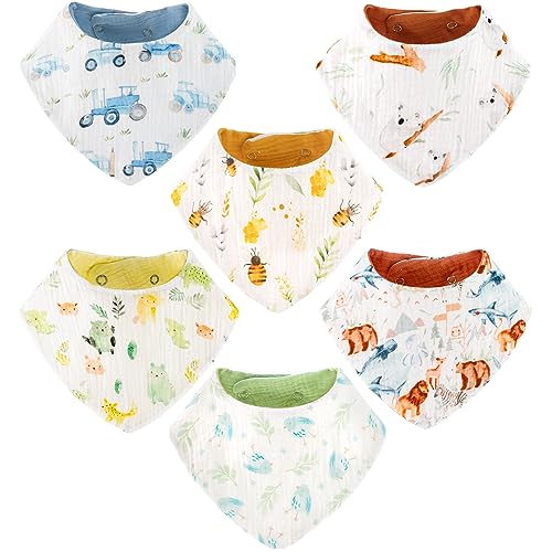 vuminbox Muslin Baby Bibs Bandana Drool Bibs 100% Cotton Absorbent Soft Reversible 6-Pack Set for Feeding, Teething Pattern and Solid Color for Unisex