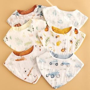 vuminbox Muslin Baby Bibs Bandana Drool Bibs 100% Cotton Absorbent Soft Reversible 6-Pack Set for Feeding, Teething Pattern and Solid Color for Unisex