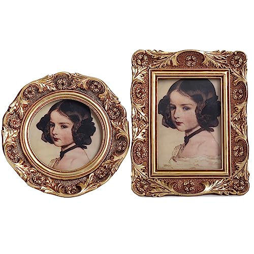 VINLIFE Vintage Picture Frames Set 3x3 Inch for Wallet Size Pictures Round & Oblong Retro Pic Frames in Gold with Antique Embossed Floral Design for Wall Mount or Tabletop Display Old-Fashioned Ornate