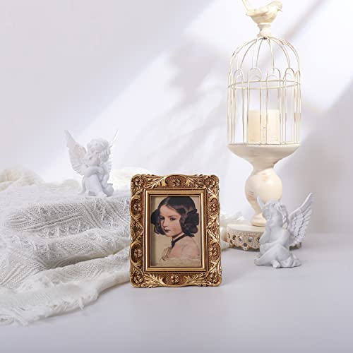 VINLIFE Vintage Picture Frames Set 3x3 Inch for Wallet Size Pictures Round & Oblong Retro Pic Frames in Gold with Antique Embossed Floral Design for Wall Mount or Tabletop Display Old-Fashioned Ornate