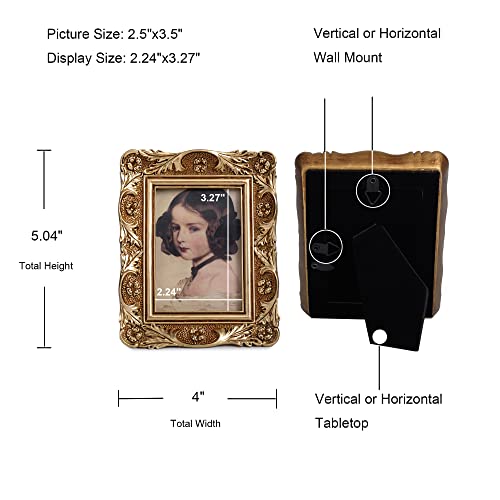 VINLIFE Vintage Picture Frames Set 3x3 Inch for Wallet Size Pictures Round & Oblong Retro Pic Frames in Gold with Antique Embossed Floral Design for Wall Mount or Tabletop Display Old-Fashioned Ornate