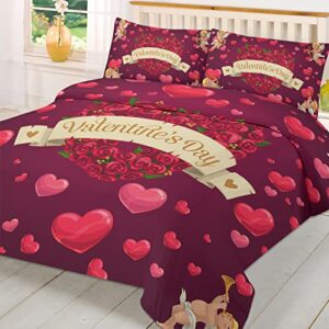 3 pieces bedding set full size, valentine's day soft durable duvet cover set comforter cover set with zipper closure&corner ties all-season breathable bedding set pink red love heart roses romantic