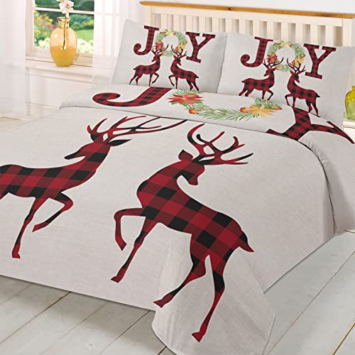 3 Pieces Bedding Set Twin Size, Christmas Elk Soft Durable Duvet Cover Set Comforter Cover Set with Zipper Closure All-Season Breathable Bedding Set Red Black Plaid Joy Wreath Xmas Deer Burlap