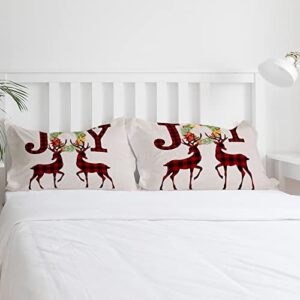 3 Pieces Bedding Set Twin Size, Christmas Elk Soft Durable Duvet Cover Set Comforter Cover Set with Zipper Closure All-Season Breathable Bedding Set Red Black Plaid Joy Wreath Xmas Deer Burlap