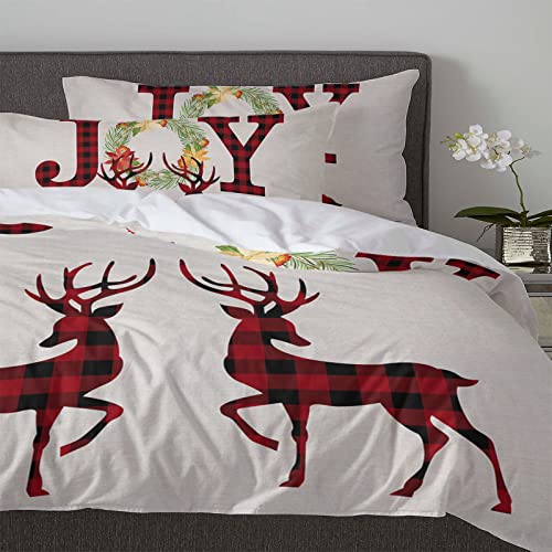 3 Pieces Bedding Set Twin Size, Christmas Elk Soft Durable Duvet Cover Set Comforter Cover Set with Zipper Closure All-Season Breathable Bedding Set Red Black Plaid Joy Wreath Xmas Deer Burlap