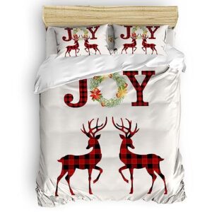 3 Pieces Bedding Set Twin Size, Christmas Elk Soft Durable Duvet Cover Set Comforter Cover Set with Zipper Closure All-Season Breathable Bedding Set Red Black Plaid Joy Wreath Xmas Deer Burlap