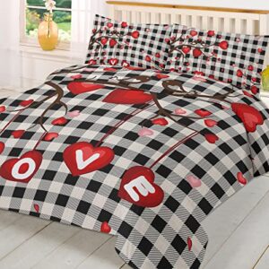 3 pieces bedding set twin size, valentines soft durable duvet cover set comforter cover set with zipper closure&corner ties all-season breathable bedding set red love heart tree black and white plaid