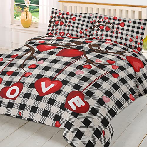 3 Pieces Bedding Set Twin Size, Valentines Soft Durable Duvet Cover Set Comforter Cover Set with Zipper Closure&Corner Ties All-Season Breathable Bedding Set Red Love Heart Tree Black and White Plaid