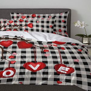 3 Pieces Bedding Set Twin Size, Valentines Soft Durable Duvet Cover Set Comforter Cover Set with Zipper Closure&Corner Ties All-Season Breathable Bedding Set Red Love Heart Tree Black and White Plaid