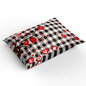 3 Pieces Bedding Set Twin Size, Valentines Soft Durable Duvet Cover Set Comforter Cover Set with Zipper Closure&Corner Ties All-Season Breathable Bedding Set Red Love Heart Tree Black and White Plaid