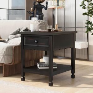 fdspdo classical black&white end table with open styled shelf large storage space,side table drawer with metal handles for living room