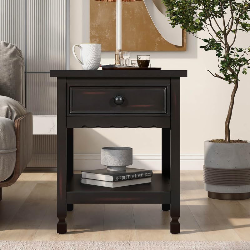 FDSPDO Classical Black&White End Table with Open Styled Shelf Large Storage Space,Side Table Drawer with Metal Handles for Living Room