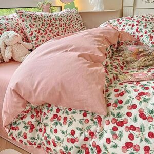 Cherry Duvet Cover Set, 100% Cotton Pure Cotton Printing，Home Standard Four-piece Bedding Set Decorative, Deep Pocket, Warm, Super Soft, Breathable Sheets with 2 Pillow Shams, Red ( Size : B1.8m4pcs )