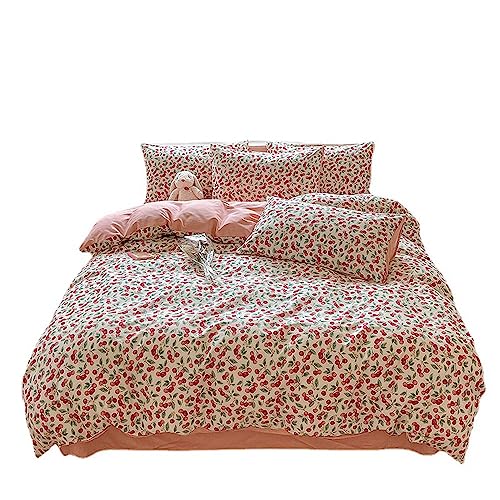 Cherry Duvet Cover Set, 100% Cotton Pure Cotton Printing，Home Standard Four-piece Bedding Set Decorative, Deep Pocket, Warm, Super Soft, Breathable Sheets with 2 Pillow Shams, Red ( Size : A2.0m4pcs )