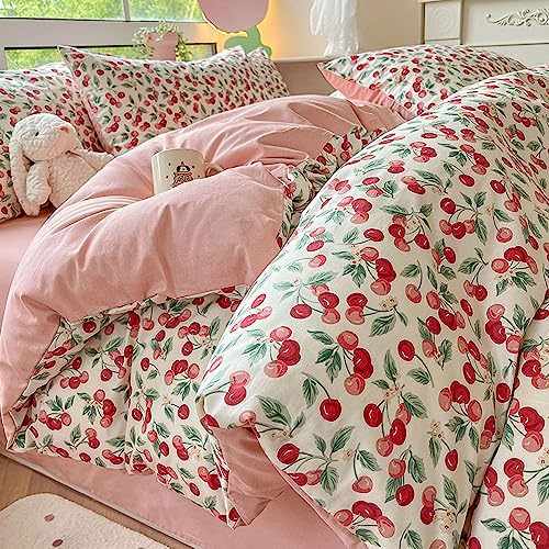 Cherry Duvet Cover Set, 100% Cotton Pure Cotton Printing，Home Standard Four-piece Bedding Set Decorative, Deep Pocket, Warm, Super Soft, Breathable Sheets with 2 Pillow Shams, Red ( Size : A2.0m4pcs )