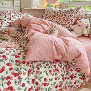 Cherry Duvet Cover Set, 100% Cotton Pure Cotton Printing，Home Standard Four-piece Bedding Set Decorative, Deep Pocket, Warm, Super Soft, Breathable Sheets with 2 Pillow Shams, Red ( Size : A2.0m4pcs )