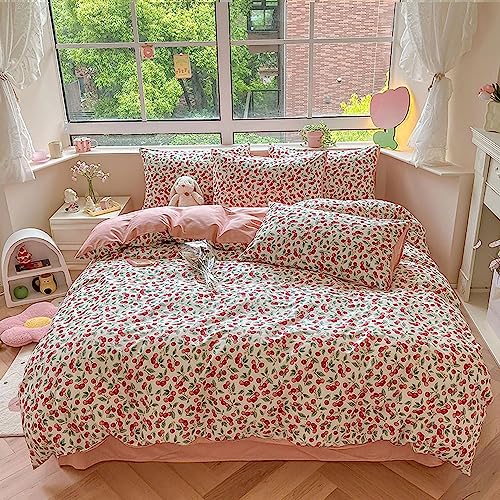 Cherry Duvet Cover Set, 100% Cotton Pure Cotton Printing，Home Standard Four-piece Bedding Set Decorative, Deep Pocket, Warm, Super Soft, Breathable Sheets with 2 Pillow Shams, Red ( Size : A2.0m4pcs )