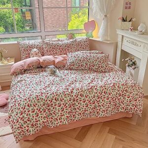 Cherry Duvet Cover Set, 100% Cotton Pure Cotton Printing，Home Standard Four-piece Bedding Set Decorative, Deep Pocket, Warm, Super Soft, Breathable Sheets with 2 Pillow Shams, Red ( Size : A2.0m4pcs )