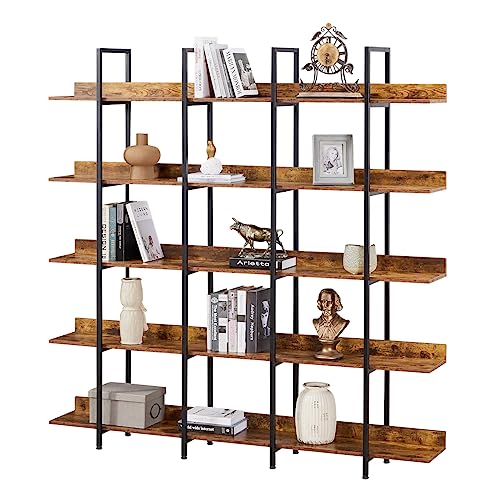 SmallCock 5 Tier Bookcase Home Office Open Bookshelf, Vintage Industrial Style Shelf with Metal Frame (Brown)