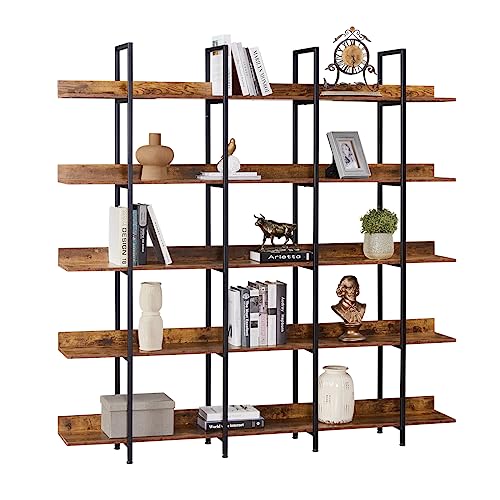 SmallCock 5 Tier Bookcase Home Office Open Bookshelf, Vintage Industrial Style Shelf with Metal Frame (Brown)