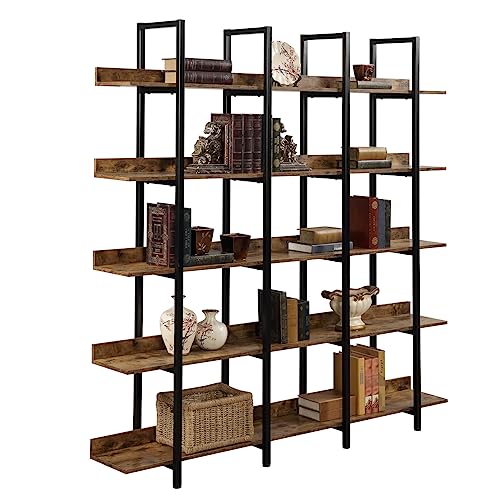 SmallCock 5 Tier Bookcase Home Office Open Bookshelf, Vintage Industrial Style Shelf with Metal Frame (Brown)