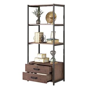 smallcock 4-tier bookshelf, simple industrial bookcase standing shelf unit storage organizer with 4 open storage shelves and two drawers (brown)