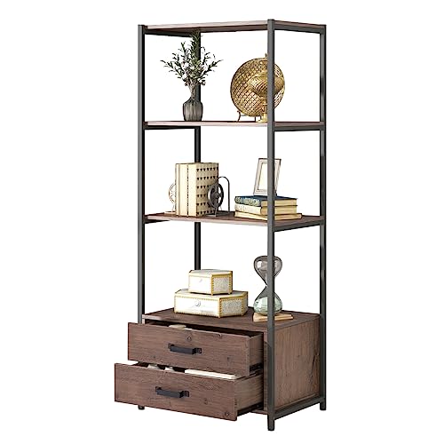 SmallCock 4-Tier Bookshelf, Simple Industrial Bookcase Standing Shelf Unit Storage Organizer with 4 Open Storage Shelves and Two Drawers (Brown)