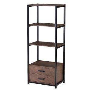 SmallCock 4-Tier Bookshelf, Simple Industrial Bookcase Standing Shelf Unit Storage Organizer with 4 Open Storage Shelves and Two Drawers (Brown)